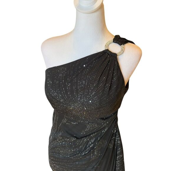R&M Richards Vintage Maxi Dress One Shoulder Draped Black Silver Sparkle Size 4P - Picture 6 of 16